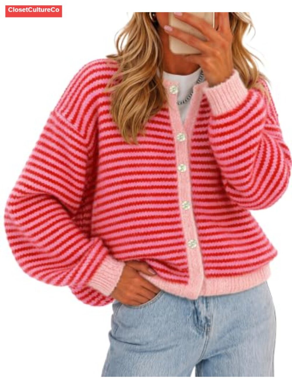 Striped Button Up Long Sleeve Knit Cardigan Sweater for Women